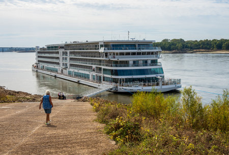 Memphis, TN - 23 October 2023: Viking Mississippi cruise boat docked by slipway in low water conditions on Mississippi river in Tennesseeのeditorial素材
