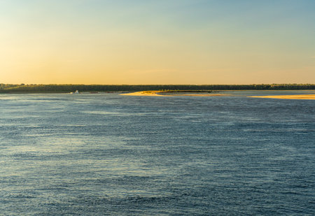 Extreme low water conditions on Mississippi river in October 2023 narrows river channel approaching Greenville MSの写真素材