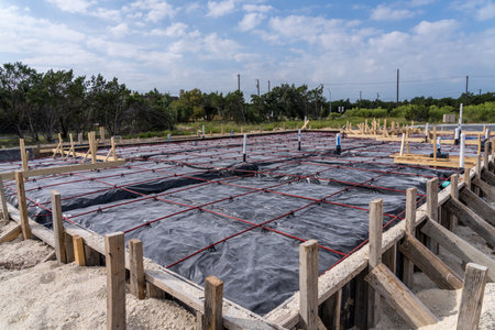 Trenches in the sand for plumbing and drain pipework with waterproofing and reinforcing steel for base of the foundation slab.の写真素材