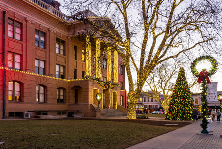 Christmas lights surround the Williamson County Courthouse in downtown Georgetown in Texasの写真素材