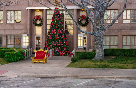 Lights on trees with large Xmas tree at entrance to the historic Burnet County court house in Texasの写真素材