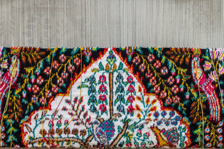 Partially completed knotting threads for carpet on loom in factory near Giza Egyptの写真素材