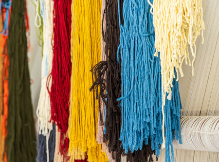 Strings of colorful threads for knotting into carpet on loom in factory near Giza Egyptの写真素材