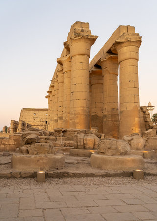 Massive numerous stone columns supporting roof of Luxor Temple in Egyptの写真素材