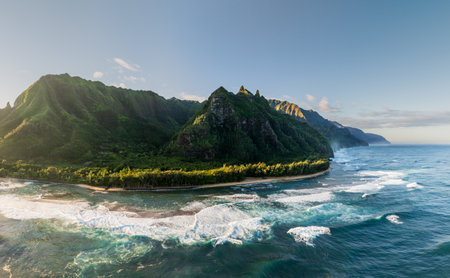 Aerial view of Maniniholo Bay and Kee beach towards the Na Pali coastline of Kauaiの写真素材