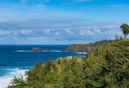 View from trailhead to Kauapea Beach or Secret Beach along the coastline of Kauai to Kilauea lighthouseの写真素材
