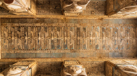 Restored ceiling painting with ornate columns in the temple of Hathor at Denderaの写真素材