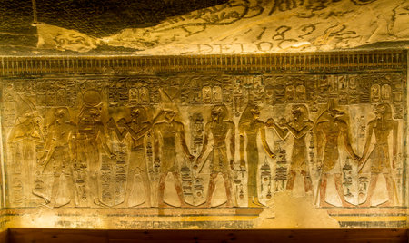 Unfinished wall painting on walls of KV17 royal tomb for Seti I in Valley of the Kings in Luxorの写真素材