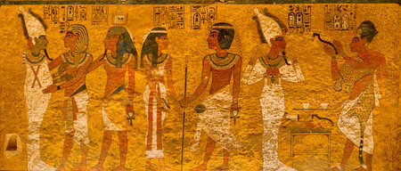 A view of an ancient Egyptian wall painting in the Valley of the Kings, showcasing the artistry and...