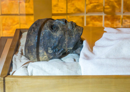 Mumified head of Tutankhamen in display in his royal tomb Valley of the Kingsの写真素材