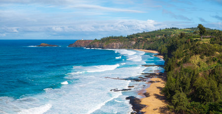 Aerial view of Kauapea Beach or Secret Beach along the coastline of Kauai to Kilauea lighthouseの写真素材