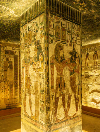 Wall paintings on walls of KV17 royal tomb for Seti I in Valley of the Kings in Luxor