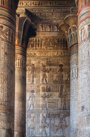 A low angle shot inside Esna Temple, showcasing the massive columns adorned with intricate carvings and hieroglyphs under an equally decorated ceilingの写真素材