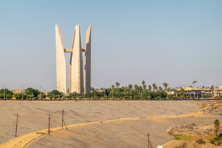Commemorative structure to recognize Russian support for Aswan dam built by the side of the lake in Egyptの写真素材