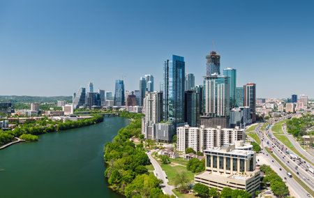 Aerial panoramic skyline of Austin Texas from the east with I35 in foregroundの写真素材