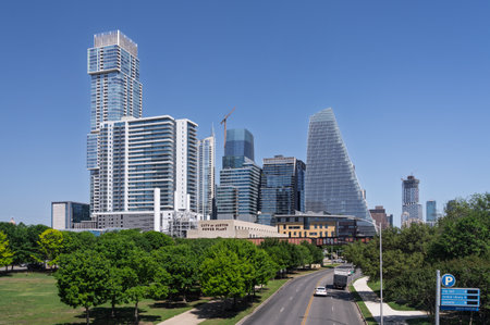 Austin Power plant building and modern office and apartments in skyline of Austin Texasの写真素材