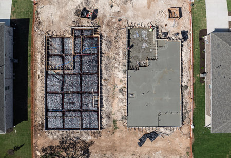 Overhead view of two construction sites, one with a concrete slab and the other a framed foundation ready for concreteの写真素材