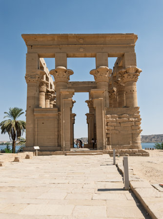 Trajans Kiosk or Pharoahs bed on an island in Aswan Harbor or Reservoir formed by the Low Dam on the Nileの写真素材