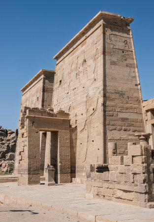 Entrance to the reconstructed Philae Temple on an island in Aswan Harbor or Reservoir formed by the Low Dam on the Nileの写真素材