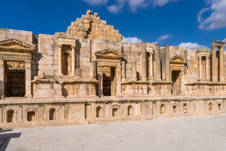 Details of the stage area of South Theater in Jerash, a Greco-Roman well preserved city in Jordanの写真素材