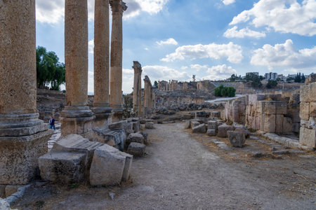 Path or road to the South Theater in Jerash, a Greco-Roman well preserved city in Jordanの写真素材