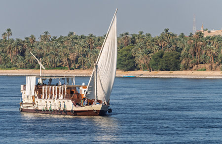 Dahabiya Nile cruise ship sailing alongside a sandy desert with palm trees on the River Nile near Aswanの写真素材