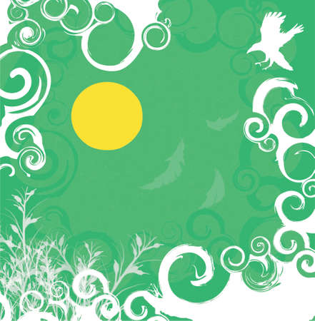 green andamp,amp, white floral background with sun andamp,amp, flying hawk silhouette (vector format)のイラスト素材