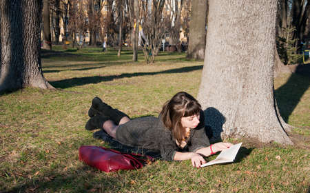 Girl reading while lying in a park on the grassの写真素材