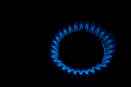 Gas stove, lit a blue flame burnerの写真素材