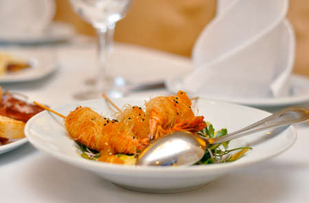 large shrimp grilled on a plateの写真素材