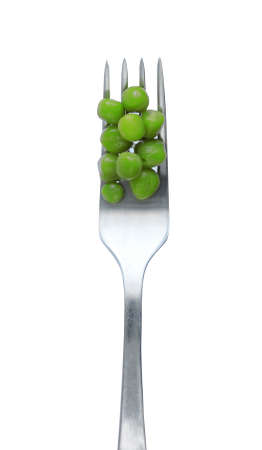 peas on a fork isolated on white backgroundの写真素材