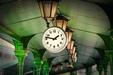 clock outside under roofの写真素材