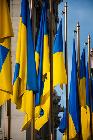 Ukrainian flag on the streetの写真素材