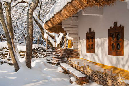 old house near a tree in winterの写真素材
