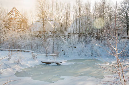 beautiful winter landscape with a lakeの写真素材
