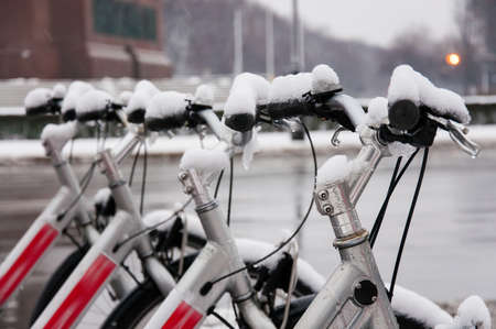 bicycle parking in Berlin in winterの写真素材