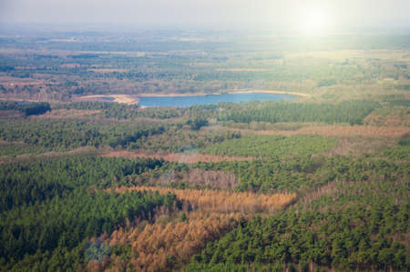 forest and lake view from aboveの写真素材