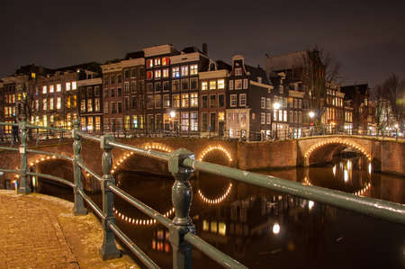 Canal in Amsterdam at nightの写真素材