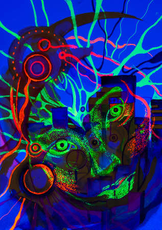 abstract drawing in fluorescent light on a blue background