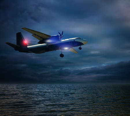 airplane over the sea in a storm