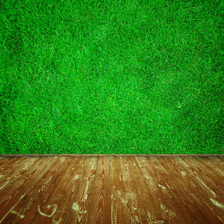 wooden floor and the wall of the grassの写真素材