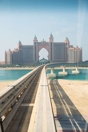 DUBAI - MARCH 6: Monorail station on a man-made island Palm Jumeirah on March , 2014 in Dubai, UAE. This monorail is the longest completely automated rail system.のeditorial素材