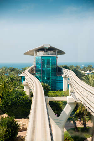 DUBAI - MARCH 6: Monorail station on a man-made island Palm Jumeirah on March , 2014 in Dubai, UAE. This monorail is the longest completely automated rail system.のeditorial素材
