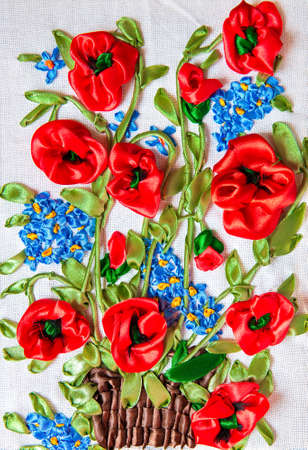 beautiful flowers embroidered ribbonの写真素材