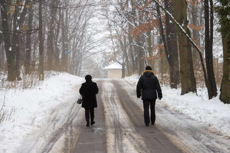men walking in the winter parkの写真素材