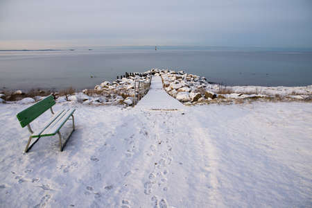 beautiful winter landscape with a sea viewの写真素材