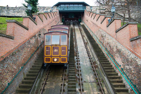 BUDAPEST, HUNGARY - MARCH 12, 2015: The Budapest Castle Hill Funicular in the city of Budapest, in Hungary. It links the Adam Clark Square and the Szechenyi Chain Bridge. March 12, 2015. Budapest, Hungary.のeditorial素材
