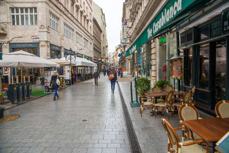 BUDAPEST, HUNGARY - MARCH 13, 2015: Vaci street is one of the main pedestrian thoroughfares and perhaps the most famous street of central Budapest. March 13, 2015. Budapest, Hungaryのeditorial素材
