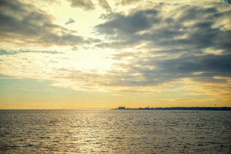 view from Sweden to Denmark at sunsetの写真素材