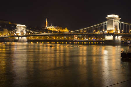 Chain Bridge at night in Budapest in Hungaryの写真素材